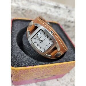 Fossil Men's Silver Dial Tan Brown Leather Cuff Watch with Box